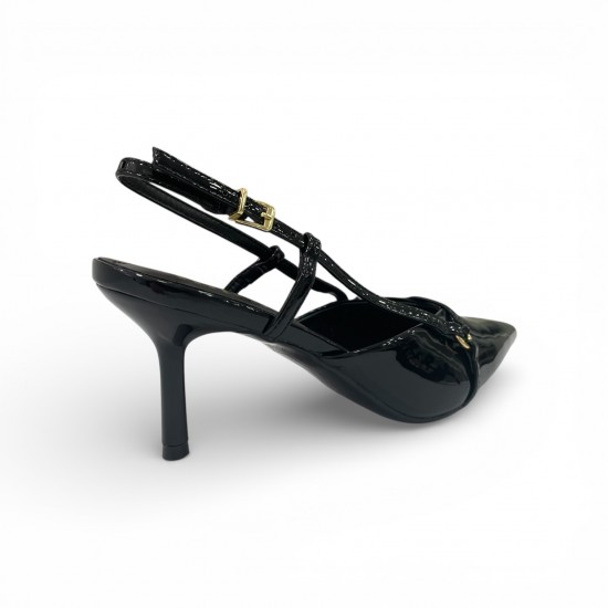 Μαύρες Λουστρίνι Slingback Γόβες με Λεπτό Τακούνι