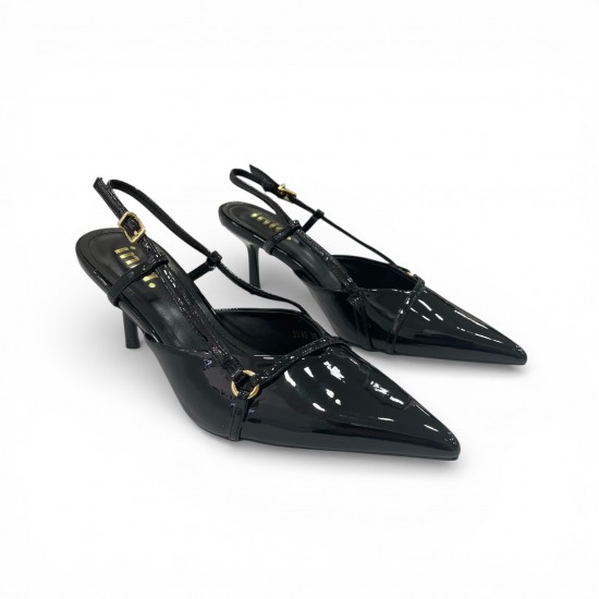 Μαύρες Λουστρίνι Slingback Γόβες με Λεπτό Τακούνι