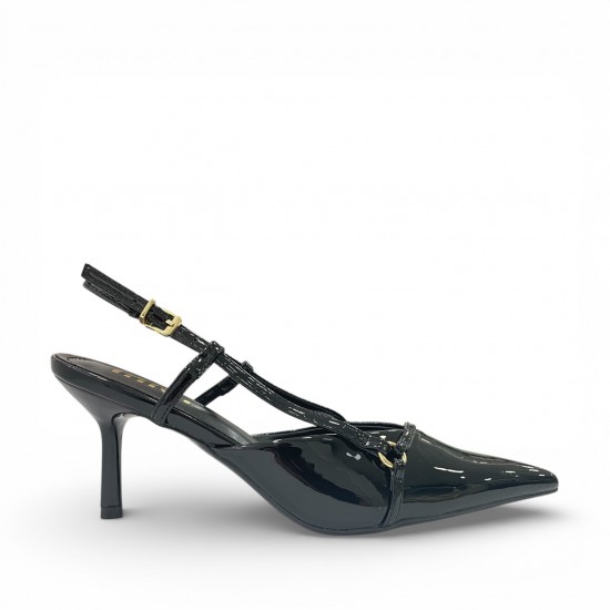 Μαύρες Λουστρίνι Slingback Γόβες με Λεπτό Τακούνι