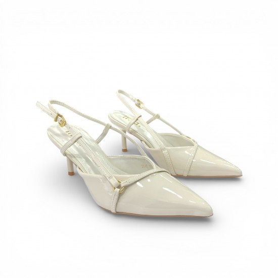 Λευκές Λουστρίνι Slingback Γόβες με Λεπτό Τακούνι