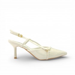 Λευκές Λουστρίνι Slingback Γόβες με Λεπτό Τακούνι