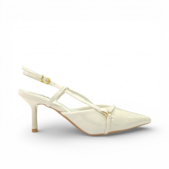 Λευκές Λουστρίνι Slingback Γόβες με Λεπτό Τακούνι