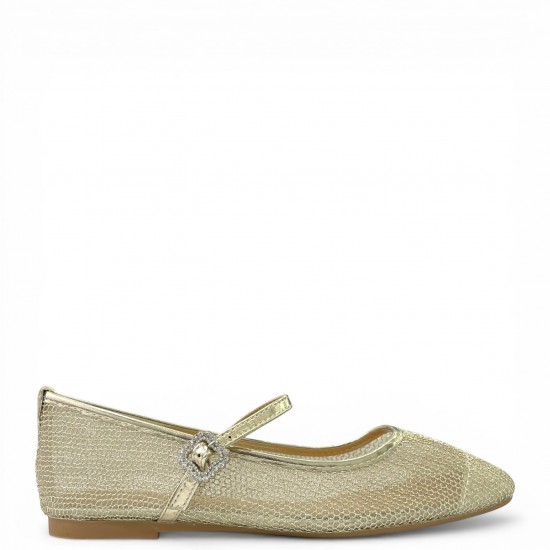 Γυναικεία Μπαλαρίνα Mary Jane Mesh με Διακοσμητική Αγκράφα - Χρυσό