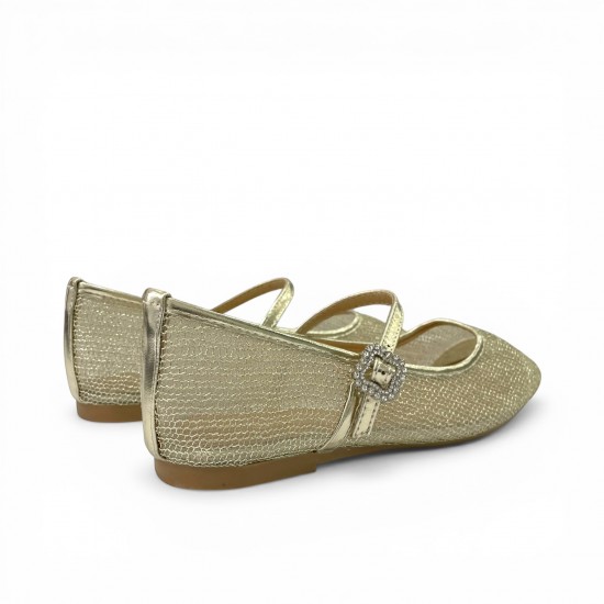 Γυναικεία Μπαλαρίνα Mary Jane Mesh με Διακοσμητική Αγκράφα - Χρυσό