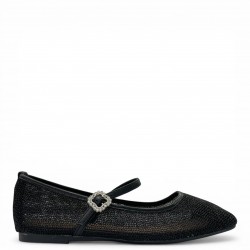 Γυναικεία Μπαλαρίνα Mary Jane Mesh με Διακοσμητική Αγκράφα - Μαύρο