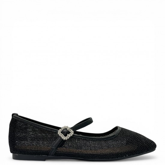 Γυναικεία Μπαλαρίνα Mary Jane Mesh με Διακοσμητική Αγκράφα - Μαύρο