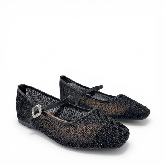 Γυναικεία Μπαλαρίνα Mary Jane Mesh με Διακοσμητική Αγκράφα - Μαύρο