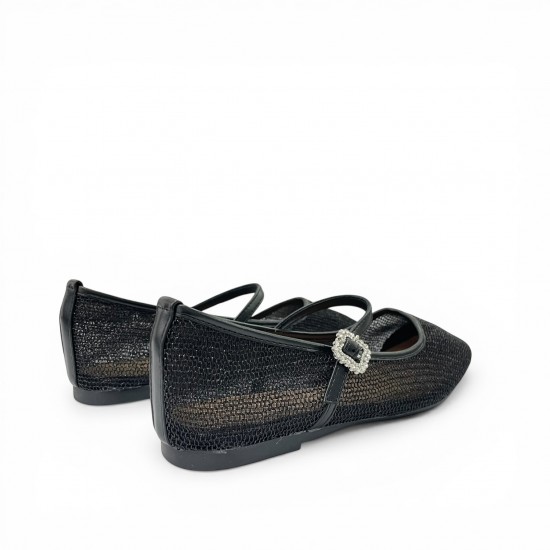 Γυναικεία Μπαλαρίνα Mary Jane Mesh με Διακοσμητική Αγκράφα - Μαύρο