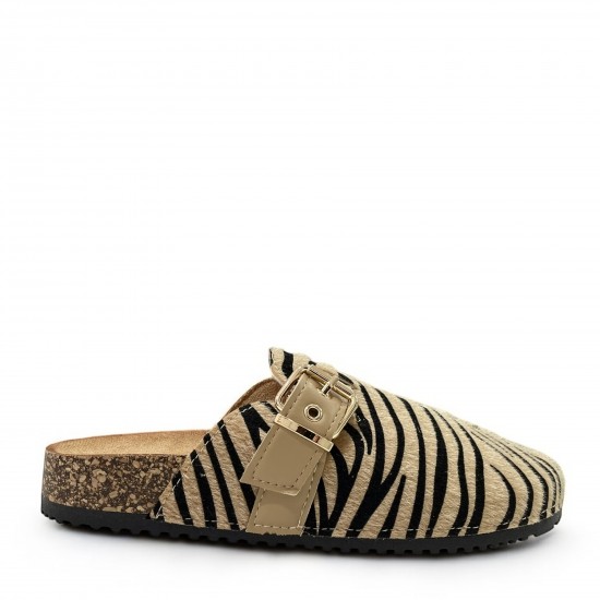 Suede buckled Clogs in Brown Zebra