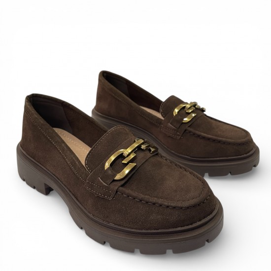 Suede Loafers με Chunky Σόλα και Διακοσμητική Αλυσίδα–Καφέ