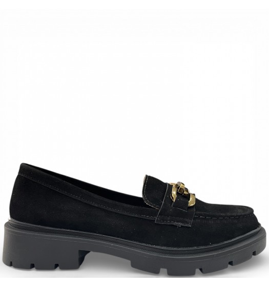 Suede Loafers with Chunky Sole and Gold Chain Detail – Black