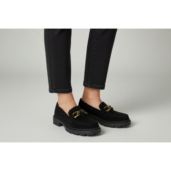 Suede Loafers με Chunky Σόλα και Διακοσμητική Αλυσίδα–Μαύρο