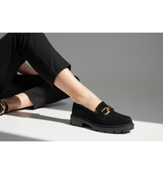 Suede Loafers with Chunky Sole and Gold Chain Detail – Black