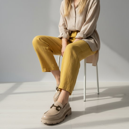 Γυναικεία Loafers από Λουστρίνι με Διακοσμητική Bronze Αγκράφα-Μπέζ