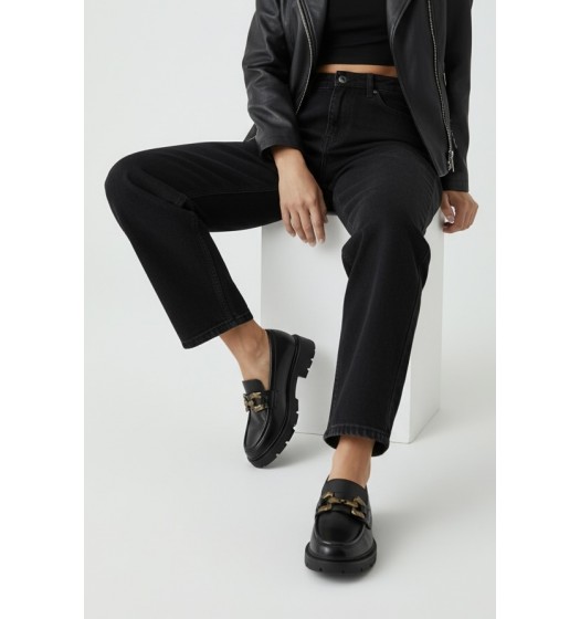 Γυναικεία Μαύρα Loafers με αγκράφα Bronze - Μαύρο