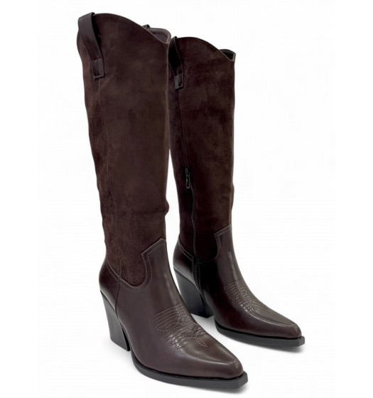 Western Μπότα σε Σκούρο Καφέ από Συνθετικό Δέρμα & Suede