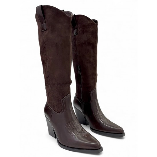Western Μπότα σε Σκούρο Καφέ από Συνθετικό Δέρμα & Suede