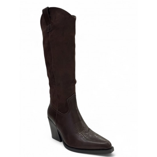Western Μπότα σε Σκούρο Καφέ από Συνθετικό Δέρμα & Suede