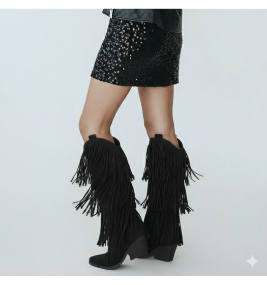 Cowboy Μπότες με Κρόσσια σε Μαύρο