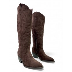 Μπότα Cowboy Suede Καφέ με Κεντήματα