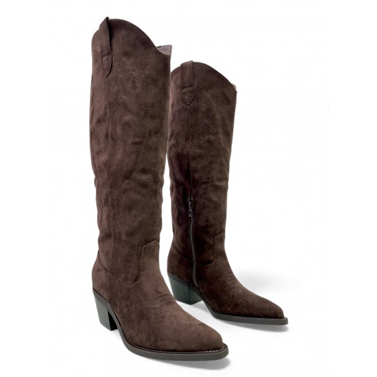 Μπότα Cowboy Suede Καφέ με Κεντήματα