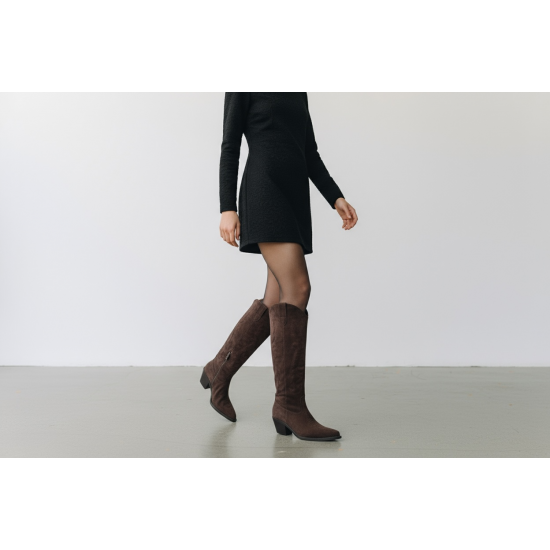 Μπότα Cowboy Suede Καφέ με Κεντήματα