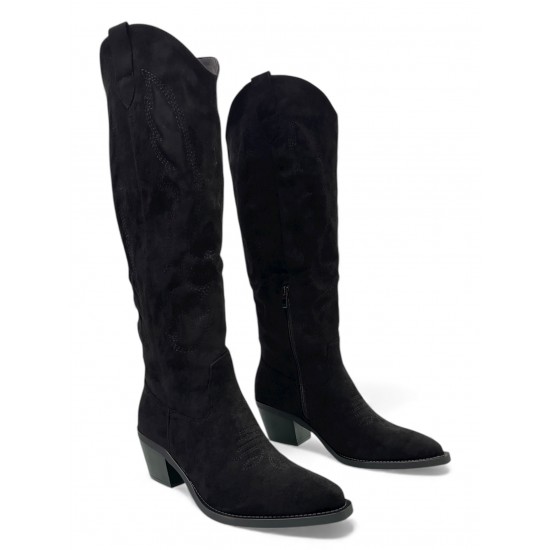 Μπότα Cowboy Suede Μαύρη με Κεντήματα