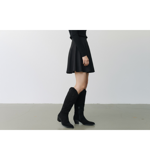 Μπότα Cowboy Suede Μαύρη με Κεντήματα