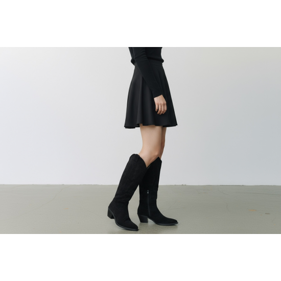 Μπότα Cowboy Suede Μαύρη με Κεντήματα