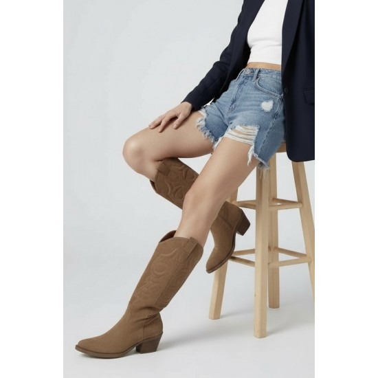 Κάμελ Cowboy Μπότες με Κεντημένες Λεπτομέρειες