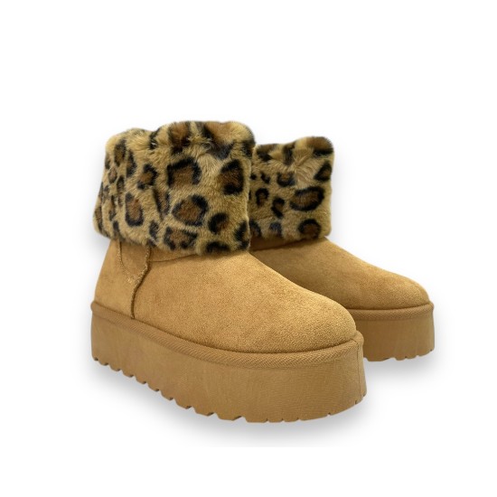 Δίπατα μποτάκια με γούνα animal print σε Κάμελ