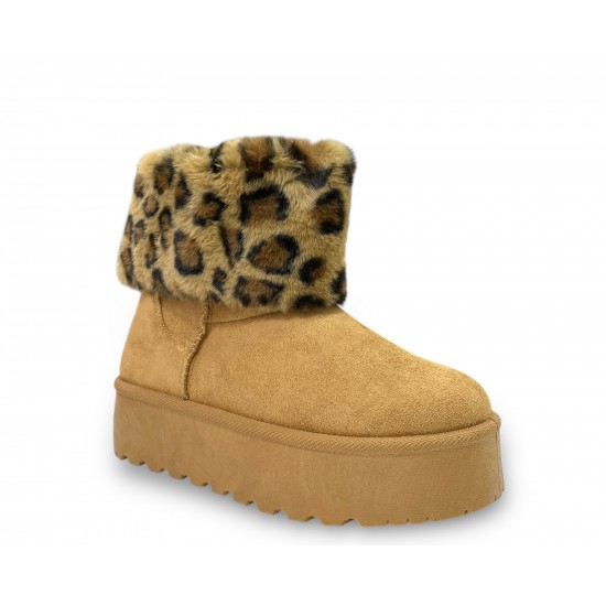 Δίπατα μποτάκια με γούνα animal print σε Κάμελ