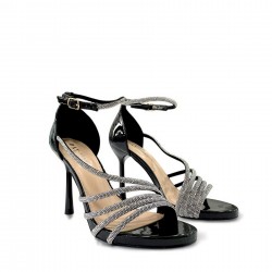 Patent leather sandals with rhinestones in Black