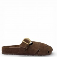 Γυναικεία Suede Mules με Πλέξη & Χρυσή Αγκράφα - Καφέ