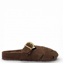 Γυναικεία Suede Mules με Πλέξη & Χρυσή Αγκράφα - Καφέ
