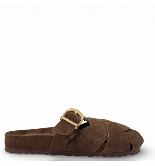 Γυναικεία Suede Mules με Πλέξη & Χρυσή Αγκράφα - Καφέ