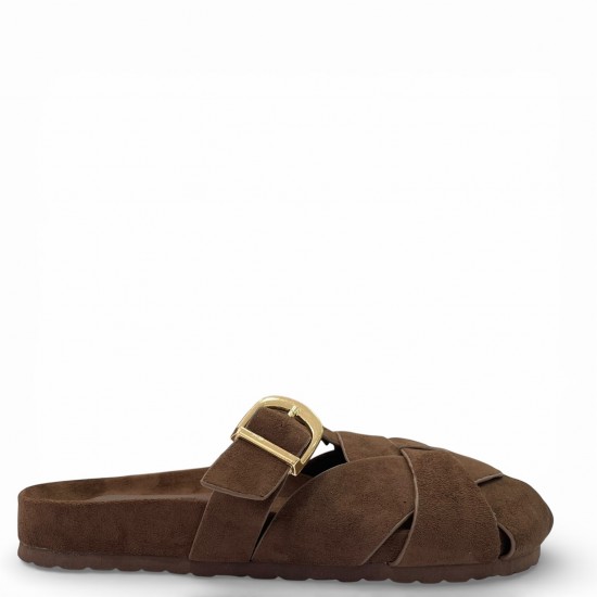 Γυναικεία Suede Mules με Πλέξη & Χρυσή Αγκράφα - Καφέ