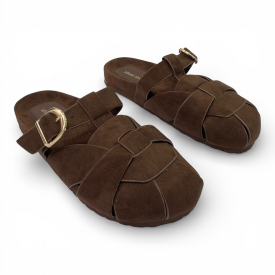 Γυναικεία Suede Mules με Πλέξη & Χρυσή Αγκράφα - Καφέ
