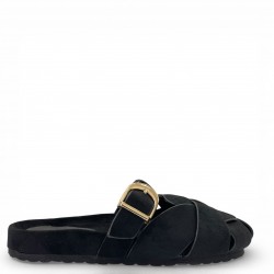 Γυναικεία Suede Mules με Πλέξη & Χρυσή Αγκράφα - Μαύρο
