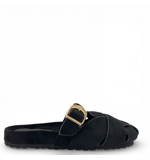 Γυναικεία Suede Mules με Πλέξη & Χρυσή Αγκράφα - Μαύρο