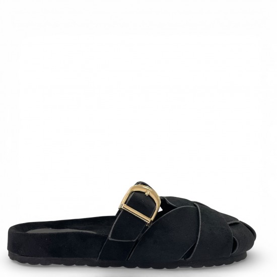 Γυναικεία Suede Mules με Πλέξη & Χρυσή Αγκράφα - Μαύρο