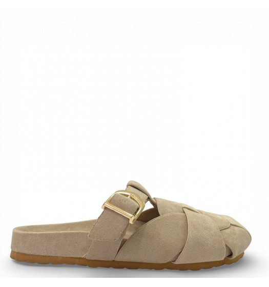 Γυναικεία Suede Mules με Πλέξη & Χρυσή Αγκράφα - Μπέζ