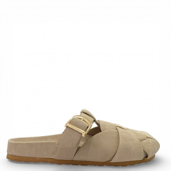 Γυναικεία Suede Mules με Πλέξη & Χρυσή Αγκράφα - Μπέζ