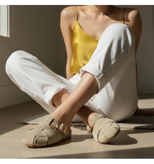 Γυναικεία Suede Mules με Πλέξη & Χρυσή Αγκράφα - Μπέζ