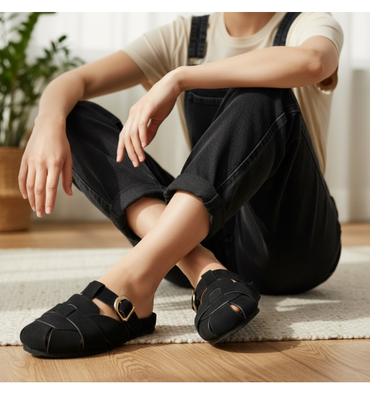 Γυναικεία Suede Mules με Πλέξη & Χρυσή Αγκράφα - Μαύρο