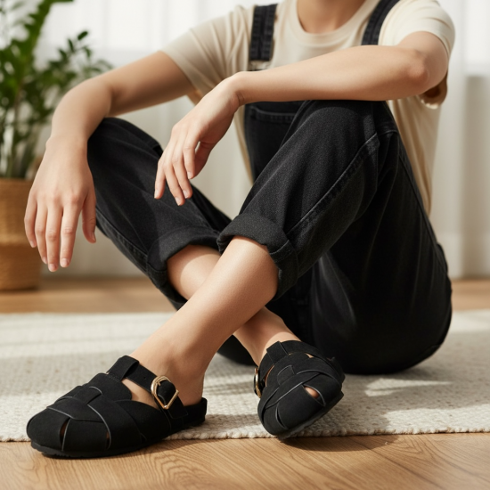 Γυναικεία Suede Mules με Πλέξη & Χρυσή Αγκράφα - Μαύρο