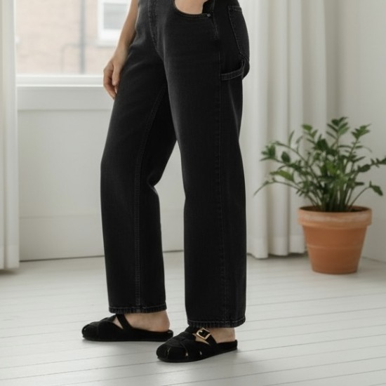 Γυναικεία Suede Mules με Πλέξη & Χρυσή Αγκράφα - Μαύρο