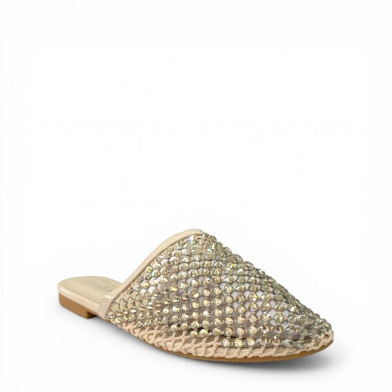 Γυναικεία Mules Crochet με Strass - Μπεζ