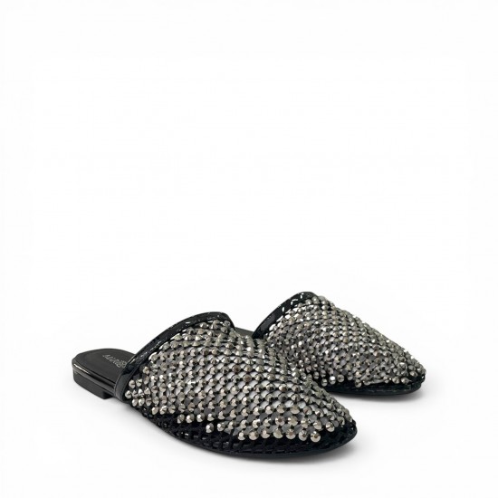 Γυναικεία Mules Crochet με Strass - Μαύρο