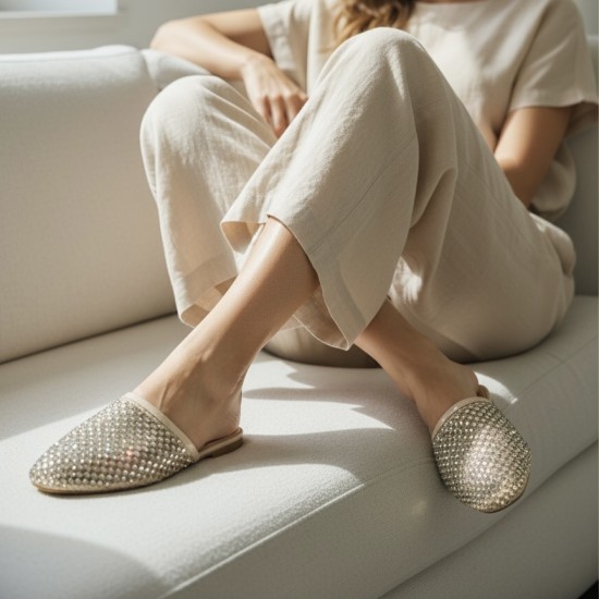Γυναικεία Mules Crochet με Strass - Μπεζ